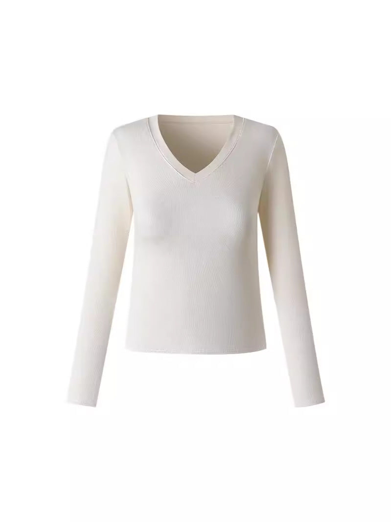 H255 Strict Selection of Love Collar Base Shirt Inner Wearing Outer Wearing Design Sense Top White Long Sleeve T-Shirt Shoulder V-Neck Autumn