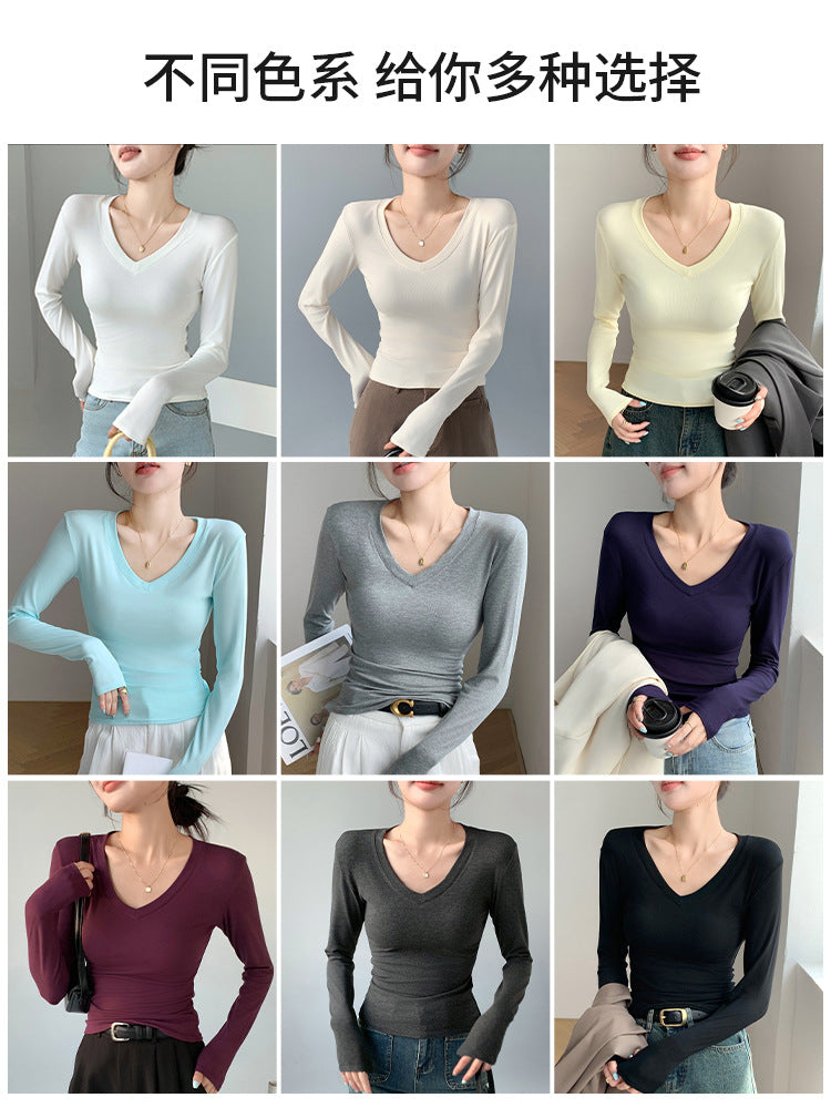 H255 Strict Selection of Love Collar Base Shirt Inner Wearing Outer Wearing Design Sense Top White Long Sleeve T-Shirt Shoulder V-Neck Autumn