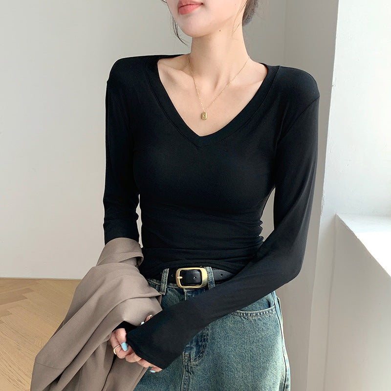 H255 Strict Selection of Love Collar Base Shirt Inner Wearing Outer Wearing Design Sense Top White Long Sleeve T-Shirt Shoulder V-Neck Autumn