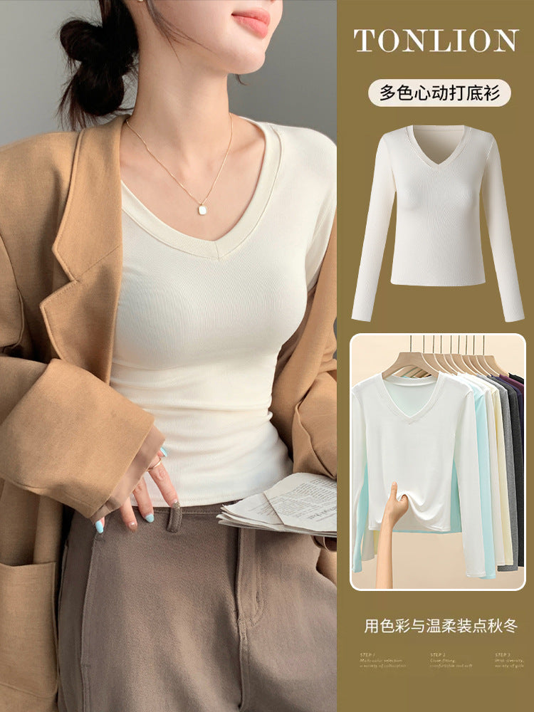 H255 Strict Selection of Love Collar Base Shirt Inner Wearing Outer Wearing Design Sense Top White Long Sleeve T-Shirt Shoulder V-Neck Autumn