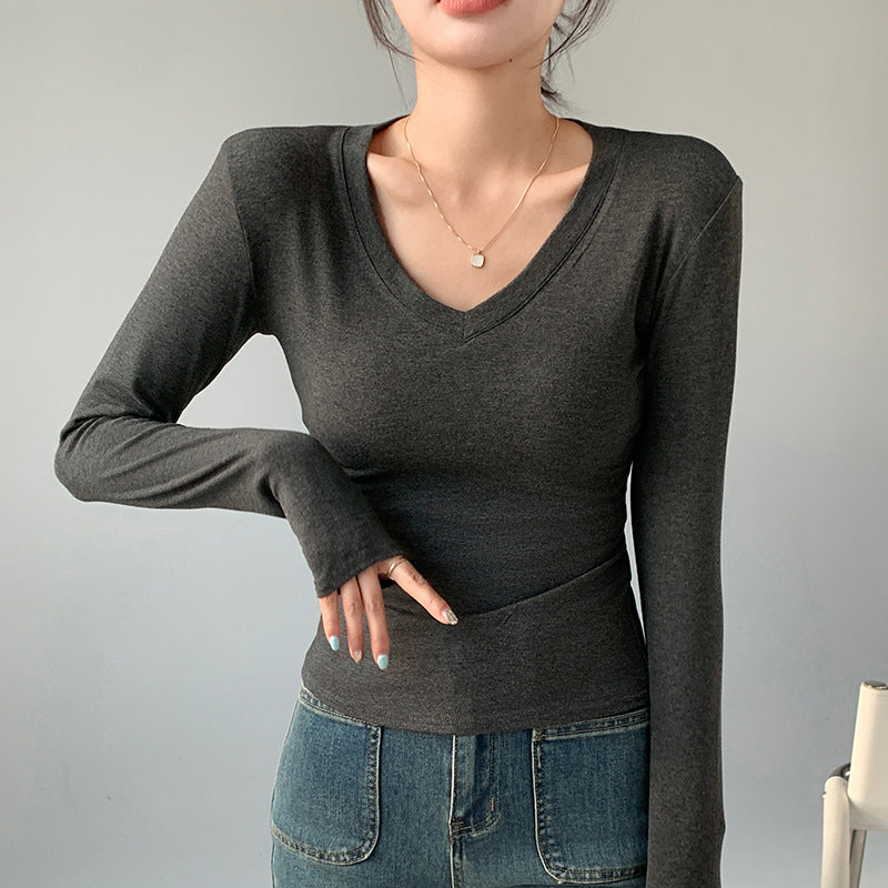 H255 Strict Selection of Love Collar Base Shirt Inner Wearing Outer Wearing Design Sense Top White Long Sleeve T-Shirt Shoulder V-Neck Autumn