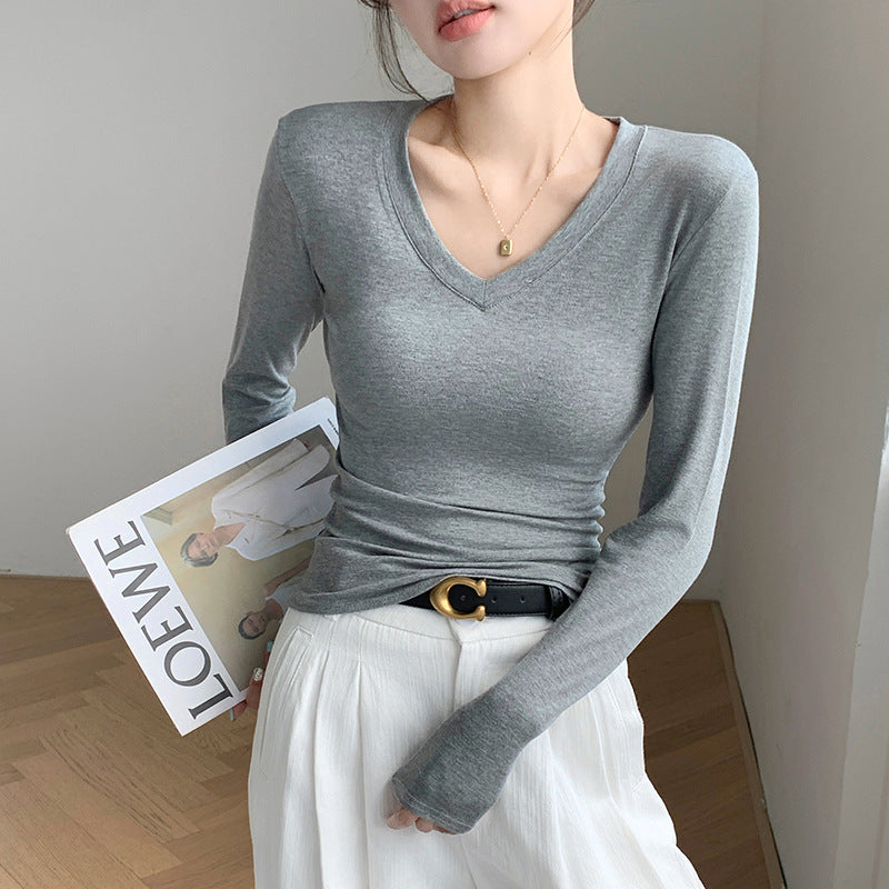 H255 Strict Selection of Love Collar Base Shirt Inner Wearing Outer Wearing Design Sense Top White Long Sleeve T-Shirt Shoulder V-Neck Autumn