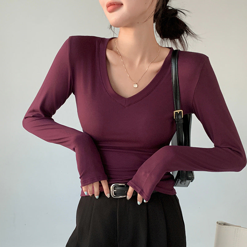 H255 Strict Selection of Love Collar Base Shirt Inner Wearing Outer Wearing Design Sense Top White Long Sleeve T-Shirt Shoulder V-Neck Autumn