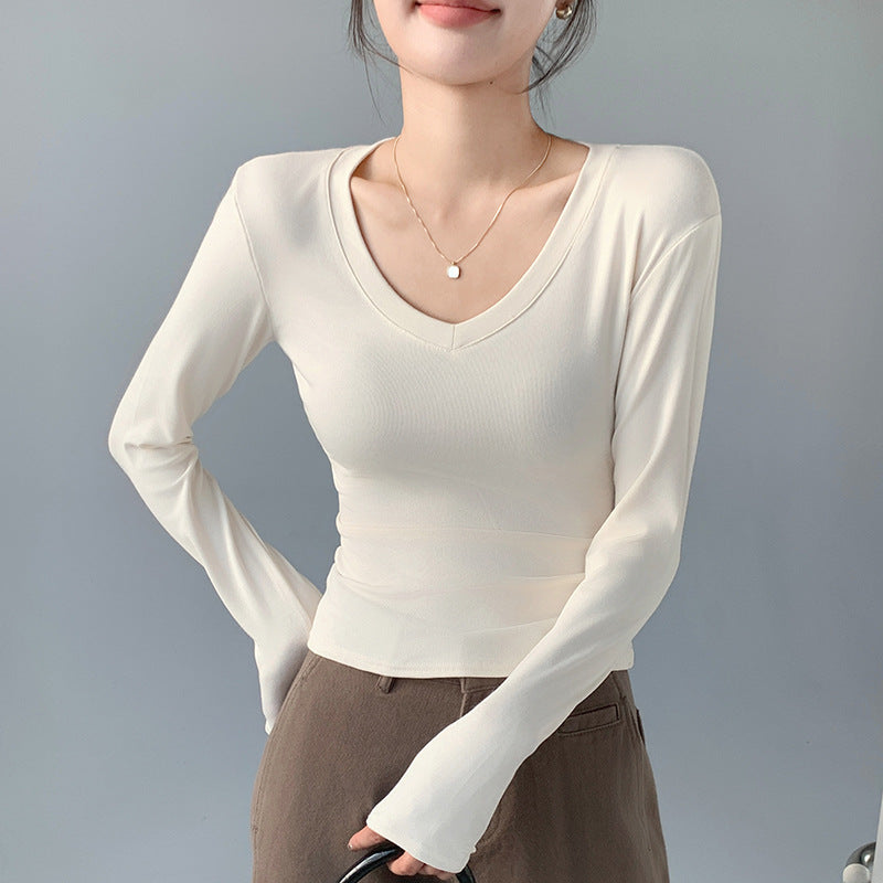 H255 Strict Selection of Love Collar Base Shirt Inner Wearing Outer Wearing Design Sense Top White Long Sleeve T-Shirt Shoulder V-Neck Autumn
