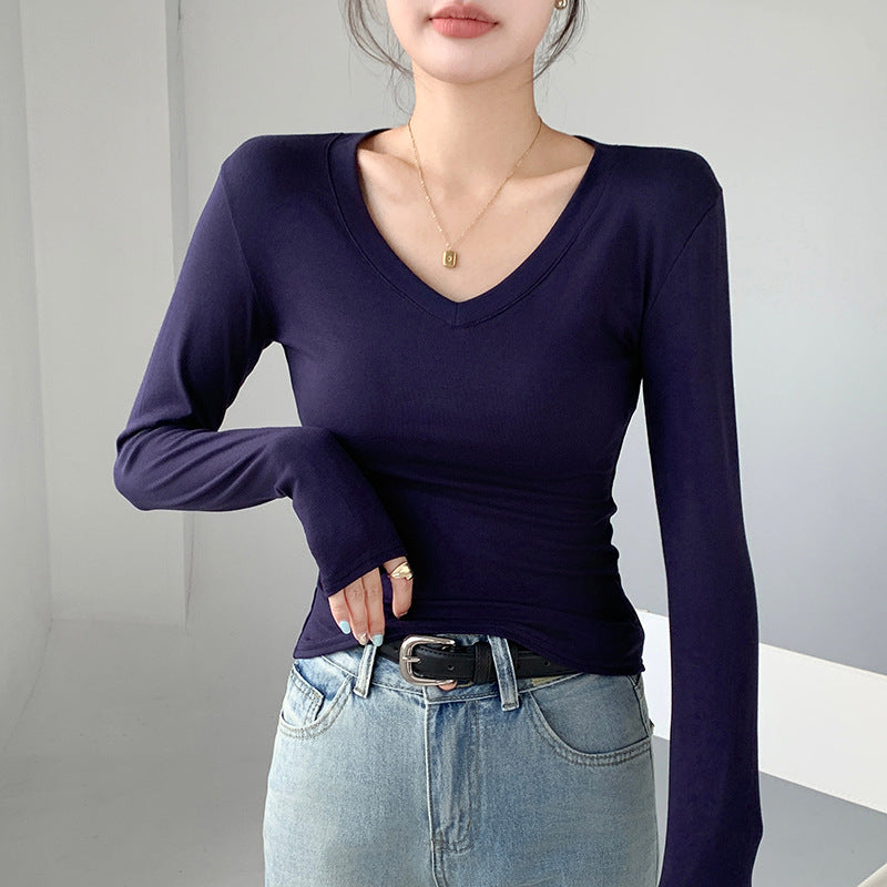 H255 Strict Selection of Love Collar Base Shirt Inner Wearing Outer Wearing Design Sense Top White Long Sleeve T-Shirt Shoulder V-Neck Autumn