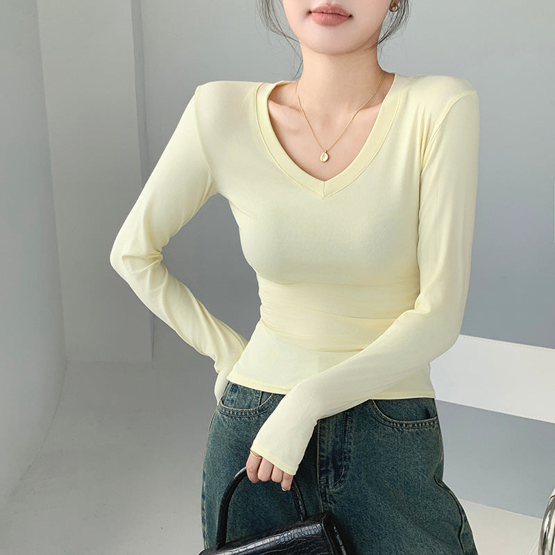 H255 Strict Selection of Love Collar Base Shirt Inner Wearing Outer Wearing Design Sense Top White Long Sleeve T-Shirt Shoulder V-Neck Autumn