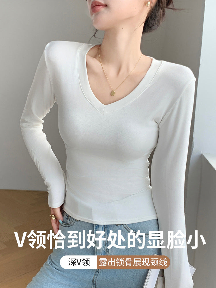 H255 Strict Selection of Love Collar Base Shirt Inner Wearing Outer Wearing Design Sense Top White Long Sleeve T-Shirt Shoulder V-Neck Autumn