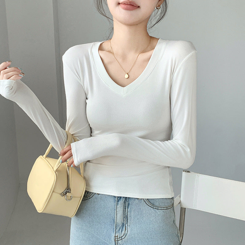 H255 Strict Selection of Love Collar Base Shirt Inner Wearing Outer Wearing Design Sense Top White Long Sleeve T-Shirt Shoulder V-Neck Autumn